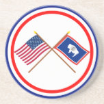 US and Wyoming Crossed Flags Beverage Coaster