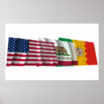 US, California and Los Angeles Flags Print