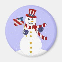 US Patriotic Snowman with Flag Round Magnet