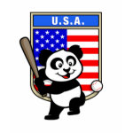 This cute little panda is ready to play for the American team! Panda holds a bat and is about to swing at the ball. Great for fans of the USA baseball team or American baseball players.