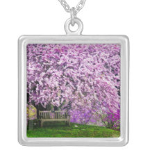 USA, Delaware, Wilmington. Wooden bench under Personalized Necklace