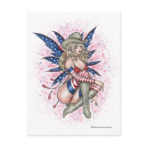 blue, red, white, blond, blonde, usa, united, states, america, american, pinup, fairy, elf, fae, faeries, gothic, goth, cowboy, cow, boy, cowgirl, girl, star, patriotic, patriot, woman, sexy, bikini, hat, wings, painting, illustration, anime, manga, fantasy, art, zerick, delphine, levesque, demers, Postcard with custom graphic design