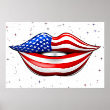 USA Flag Lipstick on Smiling Lips Poster