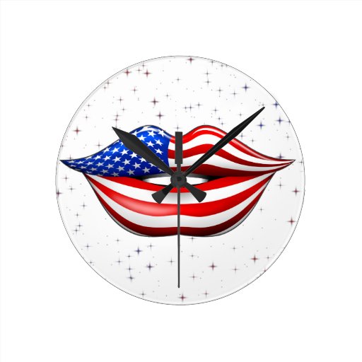 USA Flag Lipstick on Smiling Lips Wall Clock