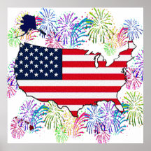 USA Flag Map and Fireworks with Texture Print