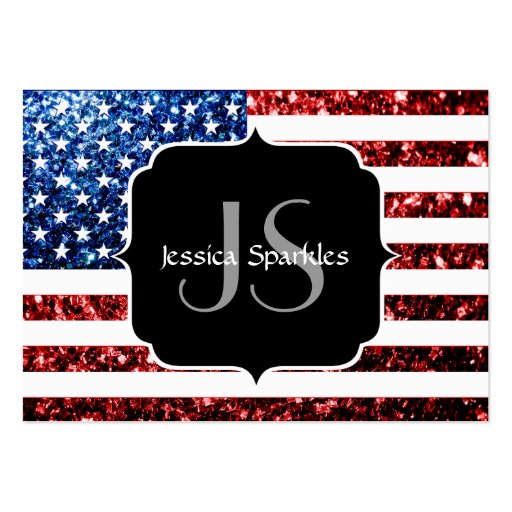 USA flag red and blue sparkles glitters Monogram Business Card Template (back side)