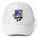 This adorable little panda loves to get out on the court and hits some balls. Panda plays in front of a large flag of the United States of America. This is a great design for anyone who loves to play tennis, watch tennis or just loves cute pandas.