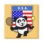 This adorable little panda loves to get out on the court and hits some balls. Panda plays in front of a large flag of the United States of America. This is a great design for anyone who loves to play tennis, watch tennis or just loves cute pandas.