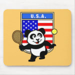 This adorable little panda loves to get out on the court and hits some balls. Panda plays in front of a large flag of the United States of America. This is a great design for anyone who loves to play tennis, watch tennis or just loves cute pandas.