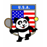 This adorable little panda loves to get out on the court and hits some balls. Panda plays in front of a large flag of the United States of America. This is a great design for anyone who loves to play tennis, watch tennis or just loves cute pandas.