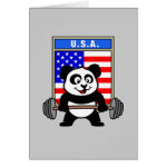 This cute bodybuilding panda loves weightlifting. He stands in front of a large flag of the United States of America. Look how easy he lifts that heavy barbell loaded with weight plates. This design is too cute. Great gifts here for anyone from the USA who loves weightlifting.