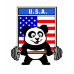 This cute bodybuilding panda loves weightlifting. He stands in front of a large flag of the United States of America. Look how easy he lifts that heavy barbell loaded with weight plates. This design is too cute. Great gifts here for anyone from the USA who loves weightlifting.
