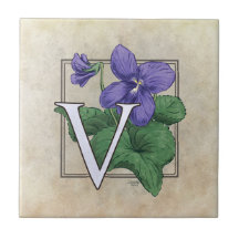 V for Violet Flower Monogram Tile