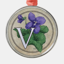 V for Violets Flower Monogram Christmas Ornaments