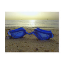 Vacation time, blue goggles at the beach postcards