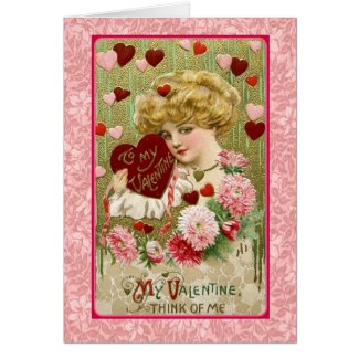 Valentine Art Nouveau Pink Red Hearts & Flowers Greeting Card
