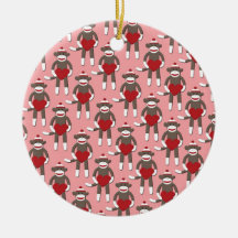 Valentine Heart Sock Monkey Print Christmas Ornaments
