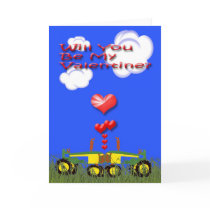 Valentine Kissing Green Tractors Card