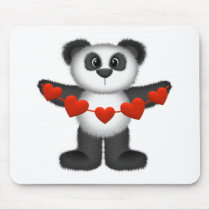 Valentine Panda Bear Holding String of Red Hearts Mousepads