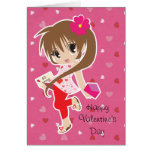 Valentine's Day Cute Pink Chibi Girl with Hearts cards