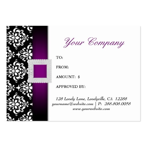 Valentine's Day Gift Card Purple Jewel Damask Business Card Templates (back side)