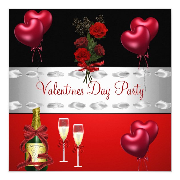 Valentines Day Party  Red Roses Balloons Invitation