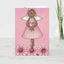 Valentine's Day Greeting Card with adorable dark skin angel and pink flowers and a pink butterfly inside.