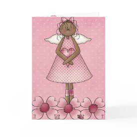 Valentine's Day Greeting Card with adorable dark skin angel and pink flowers and a pink butterfly inside.