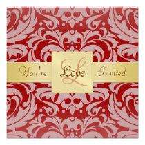 Valentines Red Damask Gold Ribbon Invitation