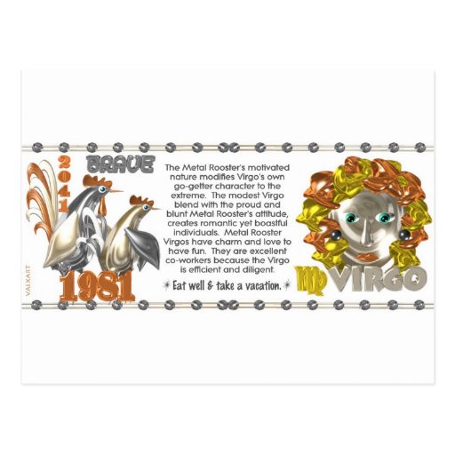 valxart-1981-chinese-zodiac-virgo-metal-rooster-postcard-zazzle