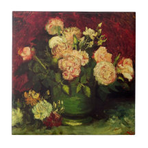 Van Gogh; Bowl with Peonies and Roses Ceramic Tile