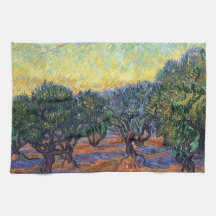 Van Gogh Olive Grove with Orange Sky Hand Towels