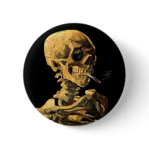 Van Gogh Skull With Burning Cigarette Button