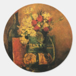Van Gogh; Vase with Carnations, Roses and a Bottle Round Stickers