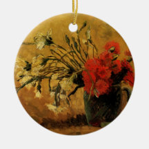 Van Gogh Vase with Red White Carnations on Yellow Ornament