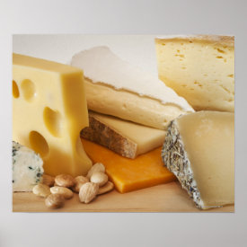 Various cheeses on chopping board print