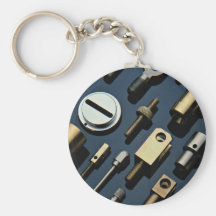 Various small nuts, bolts and screws keychains