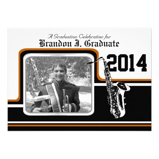 Varsity Band Saxophone Graduation Photo Orange Custom Announcement (front side)
