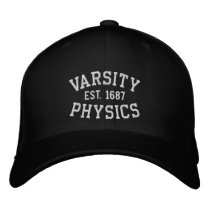 VARSITY, PHYSICS, EST. 1687 black and white embroidered hats