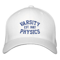 VARSITY, PHYSICS, EST. 1687 blue and white embroidered hats