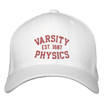 VARSITY, PHYSICS, EST. 1687 red and white embroidered hats