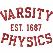 VARSITY, PHYSICS, EST. 1687 red and white embroidered shirts