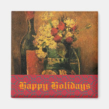 vase with carnations and roses and a bottle refrigerator magnet