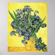 Vase with irises against yellow background posters