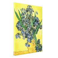 Vase with Irises in Yellow Background Stretched Canvas Print