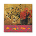 vase with red and white carnations, happy holidays refrigerator magnets
