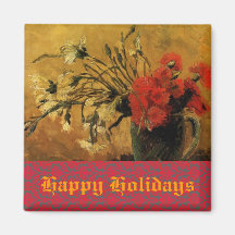 vase with red and white carnations, happy holidays refrigerator magnets