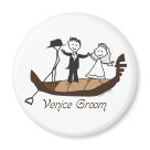 round_magnet - Destination Italy wedding favors and gifts for grooms tying the knot in Venice, Italy. Venice Groom t-shirts, apparel and keepsake destination Venice wedding favors feature illustration of bride and groom on a gondola with a gondolier. Add your own personalization to these Venice Groom items with the wedding date, grooms name or any other custom text. Original destination wedding gifts from Lesruba Weddings.
