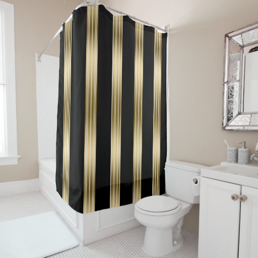 Vertical Black And Gold Stripes White Background Shower