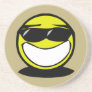 Very happy smiley wearing shares drink coaster
